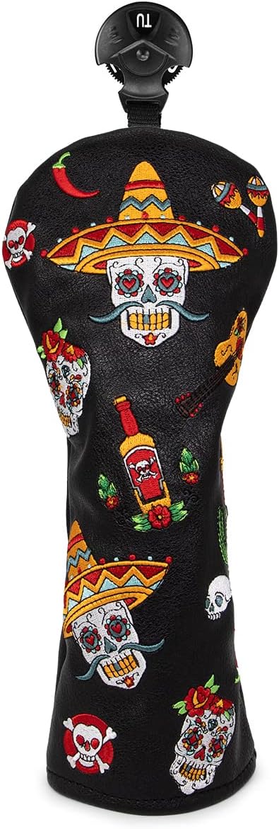 Golf Club Headcover for Drivers, Fairway Woods, Hybrids, and Mallet Blade Putter Sugar Skull Style Premium Leather Golf Headcovers Set with Interchangeable No. Tags