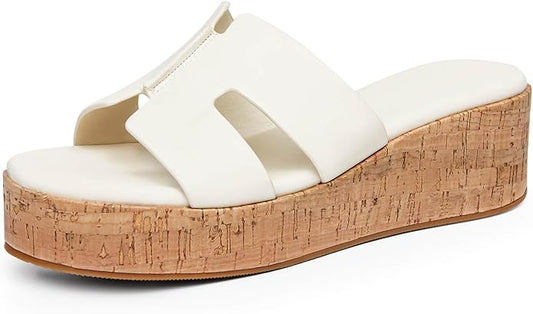 Coutgo Women's Platform Wedge Sandals Open Toe Slip On Slides Cork Heeled Cutout Comfortable Summer Shoes