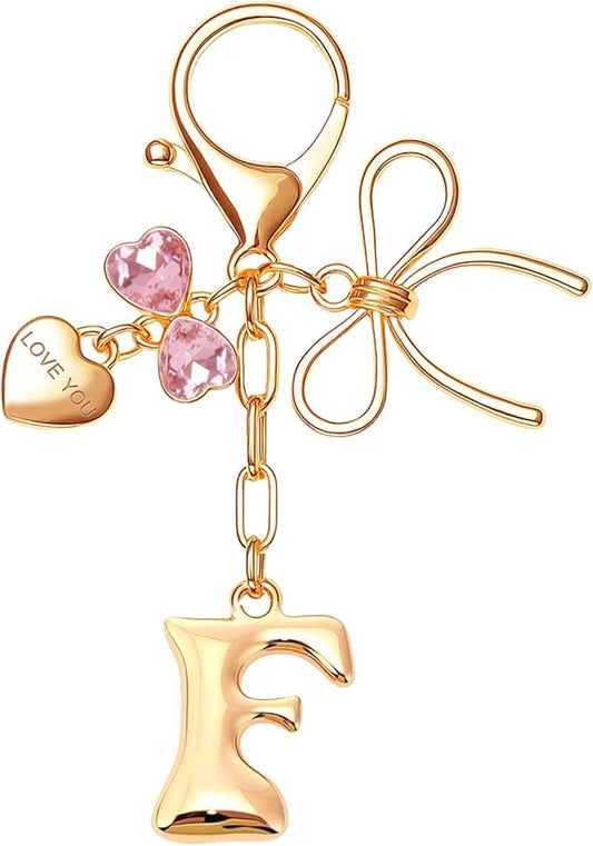 Gold Bubble Initial Keychain with Bow Decoration Bag Charms for Women, Cute Purse Handbag Accessories Gift