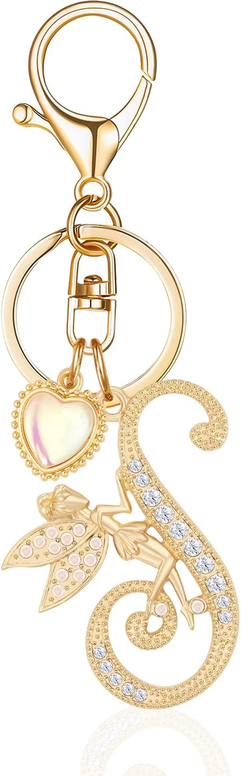 Gold Plated Alphabet Initial Letter Keyring Keychain for Women Girls Crystal Key Chains for Wallet Backpack Bag Charm