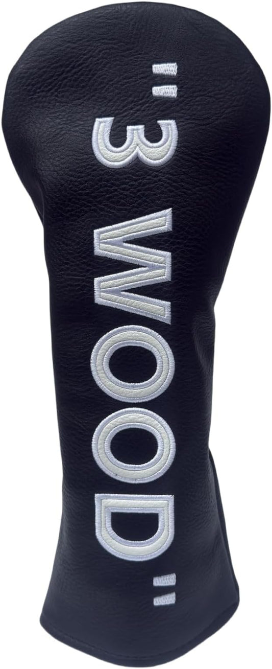Golf Club Headcover 3 Wood Headcover Black n White Premium PU Leather Driver #3 Fairway Wood Hybrid Wood Head Cover Fits for All Brand