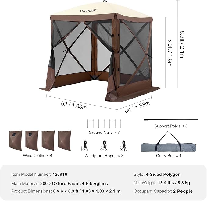 VEVOR Pop Up Gazebo Tent, 6 x 6 ft 4-Sided Screen Shelter - Image 8