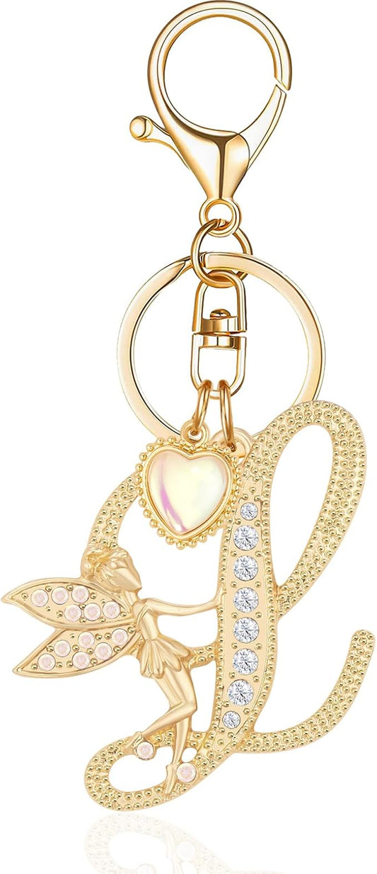 Gold Plated Alphabet Initial Letter Keyring Keychain for Women Girls Crystal Key Chains for Wallet Backpack Bag Charm