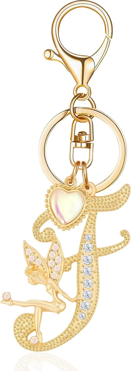 Gold Plated Alphabet Initial Letter Keyring Keychain for Women Girls Crystal Key Chains for Wallet Backpack Bag Charm