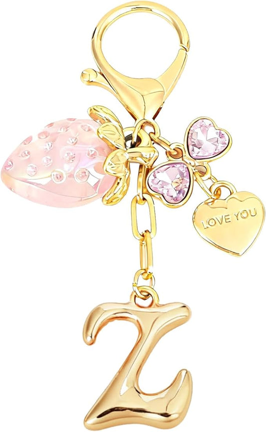 Snycler Bubble Initial Keychain with Strawberry & Bow- Gold Letter Bag Charms for Women, Cute Purse Handbag Accessories