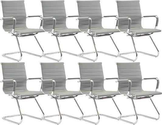 CIMOTA Waiting Room Chairs Leather Office Guest Chair Mid Back Reception Chairs with Sled Base for Meeting/Patient/Conference Room, Grey Set of 8