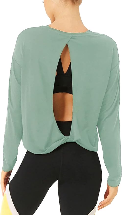 Bestisun Long Sleeve Workout Shirts Yoga Dance Tops Open Back Athletic Clothes for Women