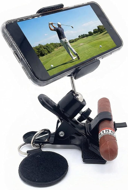 Golf Bag Phone Holder, Phone Caddy for Golf Cart Record Your Golf Swinging Two 360°Fully Adjustable Golf Cart Phone Mount Clip with Golf Glove Holder for Fishing Grilling Riding Golf Gifts for Men