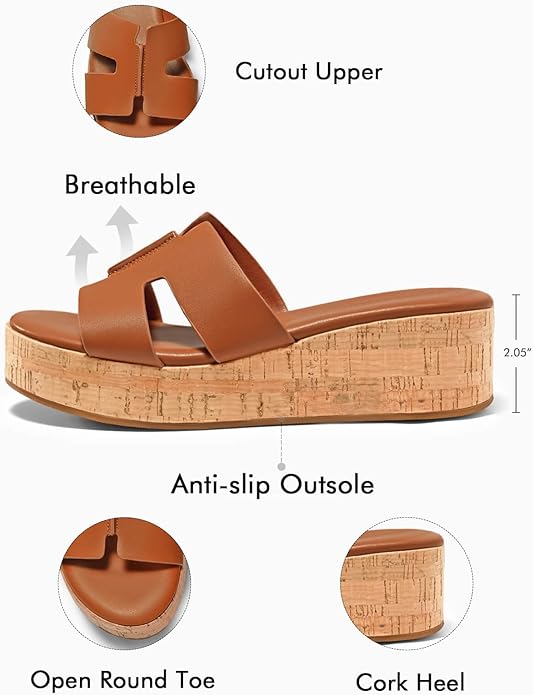 Coutgo Womens Platform Wedge Sandals Open Toe Slip On Slides Cork Heeled Comfortable Shoes