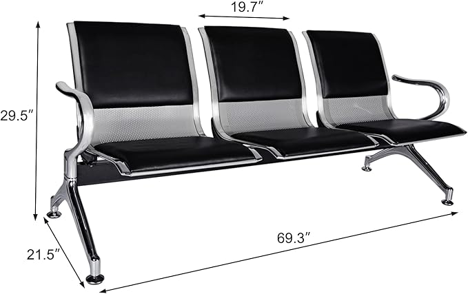 Waiting Room Chairs Guest Reception - 3-Seat Waiting Room Bench with Arms Airport Reception Bench Guest Reception Chairs PU Leather Office Chair for Airport Market Bank Hospital School, Black