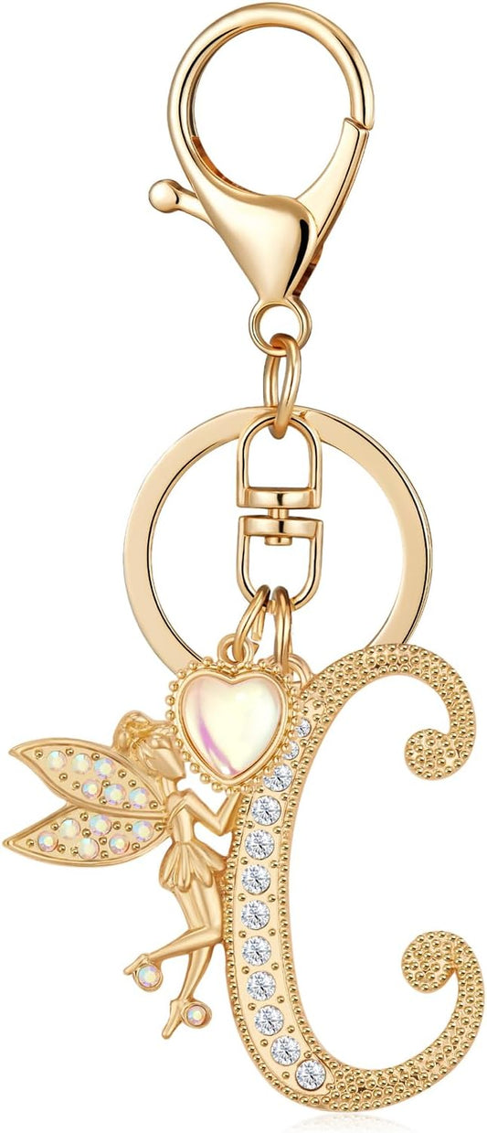 Gold Plated Alphabet Initial Letter Keyring Keychain for Women Girls Crystal Key Chains for Wallet Backpack Bag Charm