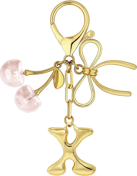 Gold Bubble Heart, Cherry, Bow & More Designs Letter Initial Keychain Bag Charms – Cute Purse Charms for Handbags