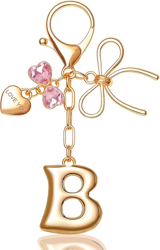 Gold Bubble Initial Keychain with Bow Decoration Bag Charms for Women, Cute Purse Handbag Accessories Gift