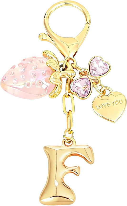 Snycler Bubble Initial Keychain with Strawberry & Bow- Gold Letter Bag Charms for Women, Cute Purse Handbag Accessories