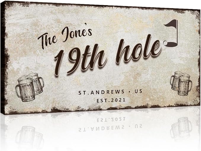 TAILORED CANVASES Golf Art Decor - Personalized Vintage Golf Wall Art Sign for Man Cave, Bedroom, Basement, Home Bar and Custom Gift for Husband, Dad, Wedding & Anniversary - 19th Hole Sign, 60"x30"
