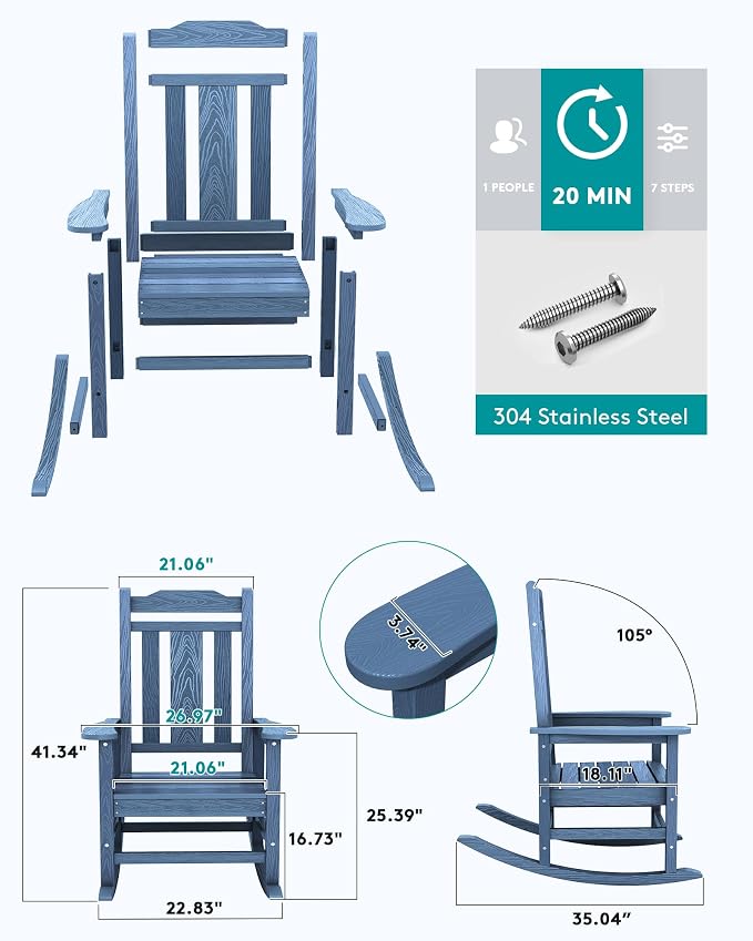 SERWALL Oversized Outdoor Rocking Chairs Set of 4, Patio Rocker Unique Blue | - Image 7