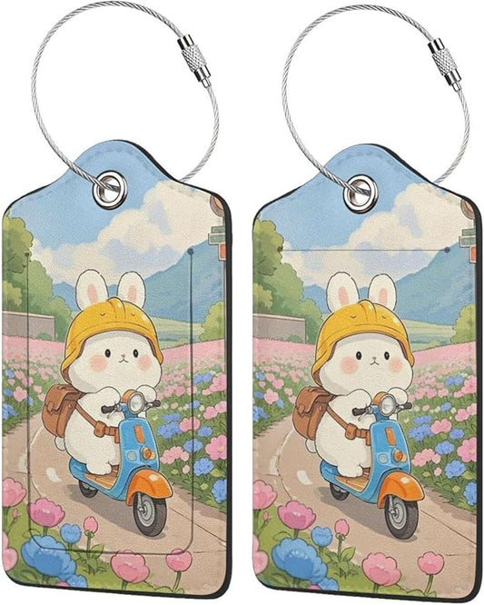 TSA Approved Luggage Tags Rabbit Riding for Suitcases 2 Pack Funny Leather Carnival Cruise Airport Cute Travel Name Tags Golf Bag tag Ships Essentials Privacy Cover ID Label for Women Men