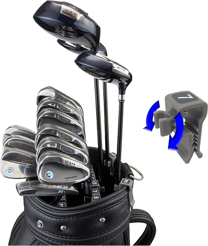 SwingSwing Premium Golf Club Holder Club Organizing Clips | 14 Clips Set with Identifying Numbered Stickers | Swivel Action Golf Club Clips for Golf Bags | Club Damage Protection, Grey