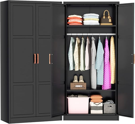 Greenvelly Metal Wardrobe Cabinet with Wooden Handle, 72" Black Metal Wardrobe Closet with Hanging Rods and Adjustable Shelves, Clothing Storage Closet Cabinet for Bedroom, Cloak Room, Laundry Room