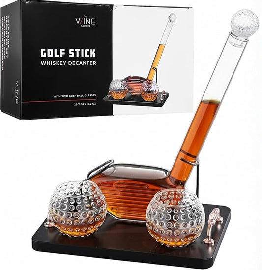 Golf Club Whiskey Decanter Set with 2 Crystal Glasses, 28.7oz Clear Borosilicate Glass 15.2oz Ball Cups for Bourbon Scotch Serving, Sports Themed Barware Birthdays Fathers Day Retirement Gifts for Men