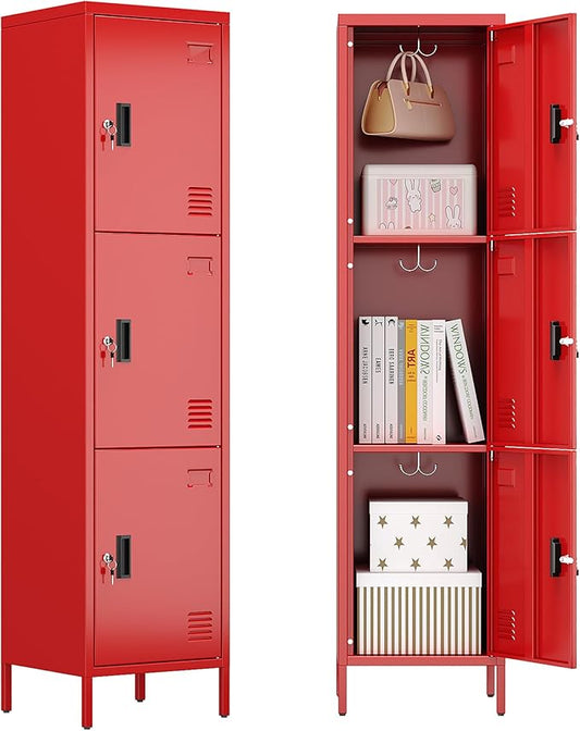 Aobabo 16" W 3 Door Metal Storage Locker with Lock, 66" H Steel Locker with Name Card Holder and Metal Hook for School, Home, Office, Playroom, Assembly Required, Red