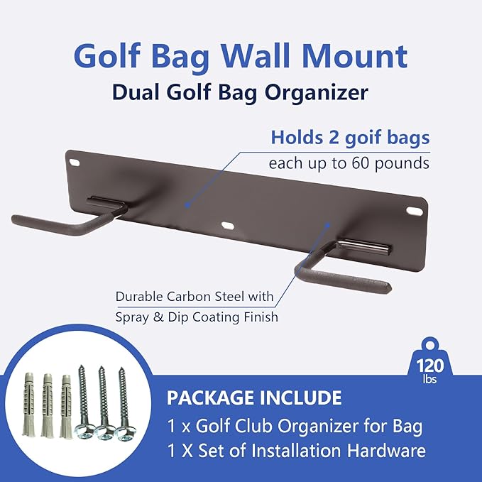 Golf Bag Wall Mount Holder-Golf Bag Holder for Garage,Golf Bag Storage Rack with PVC Rubber Hooks,Heavy Duty Rack with Spray & Dip Coating Finish