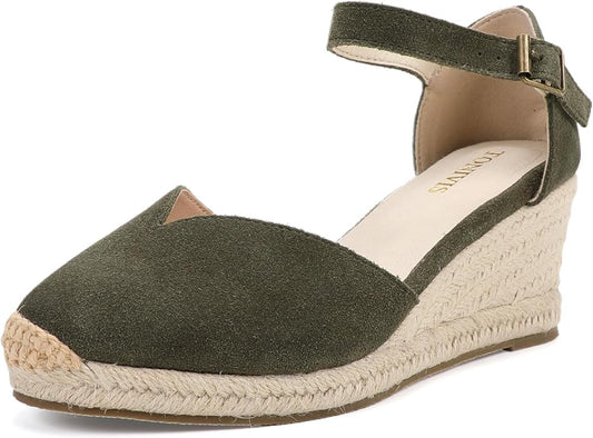 Platform Wedges Sandals for Women, 3" Wedge, Ankle-Strap, Cap Toe, Summer Espadrilles Heel Shoes