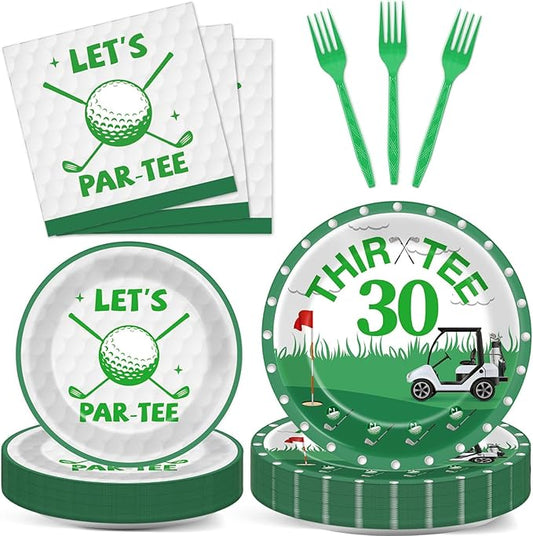 96 Pcs Golf 30th Birthday Party Decorations Golf Theme Tableware Set Golf Thir-Tee Plates Napkins Forks for Let's Par-Tee Men Women Birthday Dinnerware Green Sports Party Supplies 24 Guests
