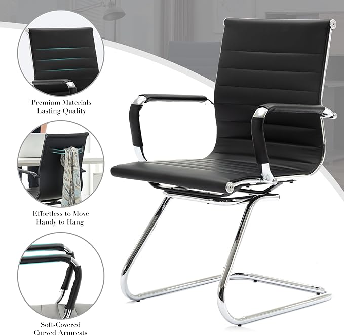 CIMOTA Waiting Room Chairs Leather Office Guest Chair Mid Back Reception Chairs with Sled Base for Meeting/Patient/Conference Room, Black Set of 2