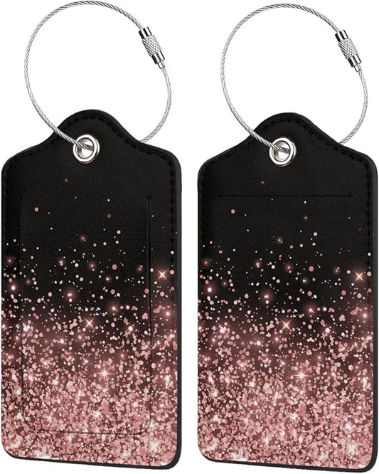 Leather Luggage Tags for Adults Teens,2 Pack Rose Gold Glitter Travel Bag Suitcase Labels with Stainless Steel Loop ID Tags Card Baggage Bag Label