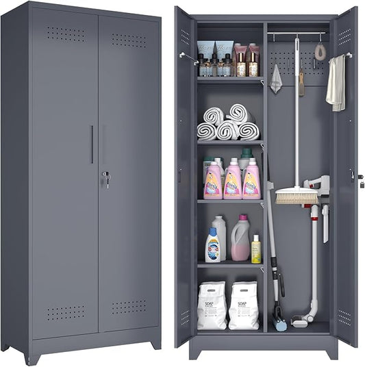 GREATMEET 72.8" H Utility Closet, Broom Closet Storage Cabinet with Adjustable Shelves and Pegboard, Utility Cabinet for Brooms and Mops, Grey