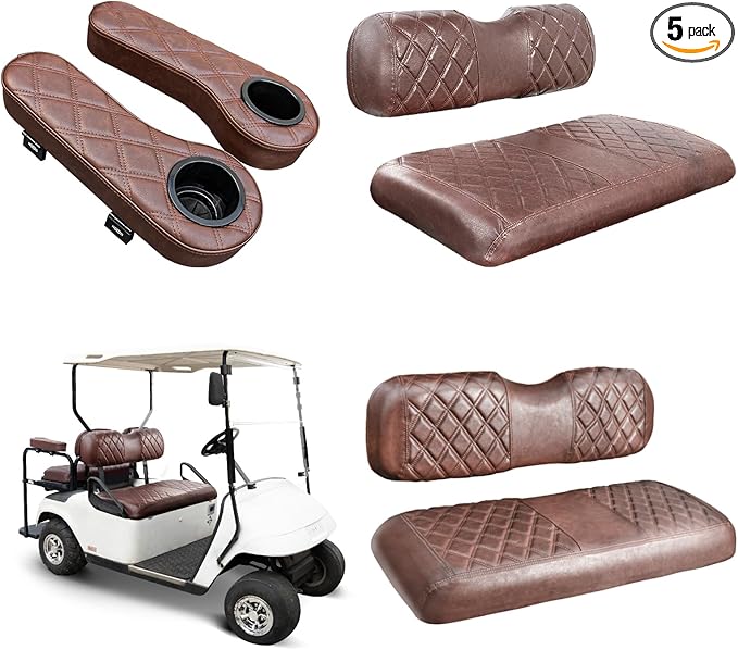 NOKINS Golf Cart Seat Covers for EZGO TXT 1994-2013/EZGO RXV, Vinyl Front&Rear Seat Cover with Flip-Up Armrests kit, with Cup Holder, for 1" Square Tube (Brown&Brown 8438)