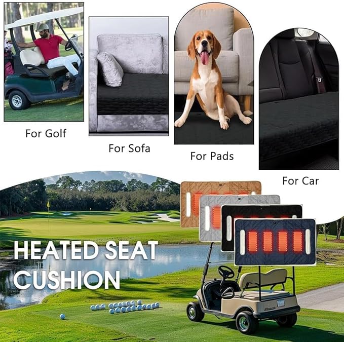 Universal Heated Golf Cart Seat Cover - Waterproof Golf Cart Heater Accessory w/ 4-Zone Warmth, 3 Heat Levels, USB/Type-C & 12V Plug for EZGO/Yamaha/Club Car (Black)