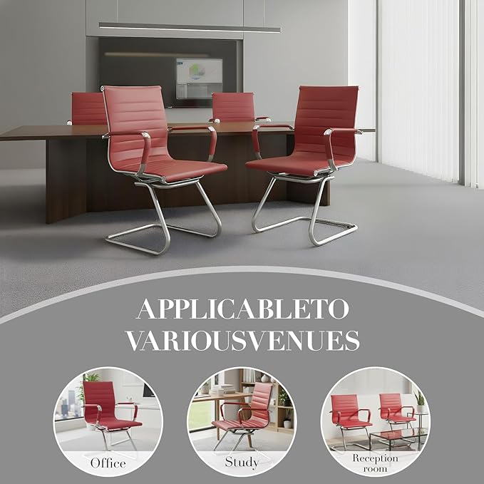 CIMOTA Waiting Room Chairs Leather Office Guest Chair Mid Back Reception Chairs with Sled Base for Meeting/Patient/Conference Room, Red Set of 8