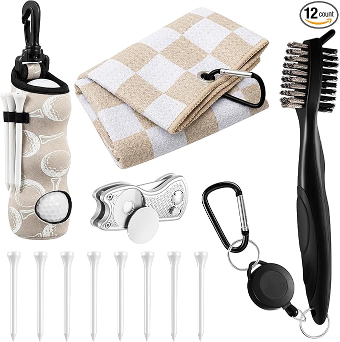 Liliful 12 Pcs Golf Accessories Kit, Include Golf Ball Bag with Hook Towel Tees Magnetic Ball Marker Divot Tool Cleaner Brush for Women Man Gifts