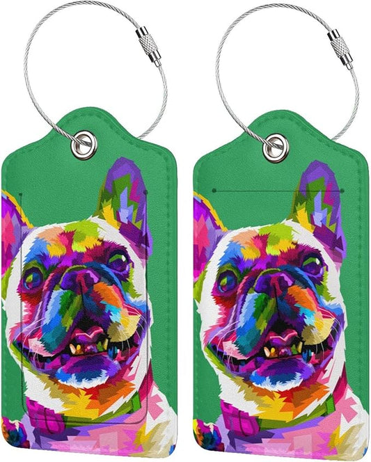 Cute French Bull Dog Luggage Tags for Boys Girls Adults, Set of 2 Stylish Art Colors Animal on Green Background Leather Stainless Steel Loop Label Tag for Travel Bag Suitcase