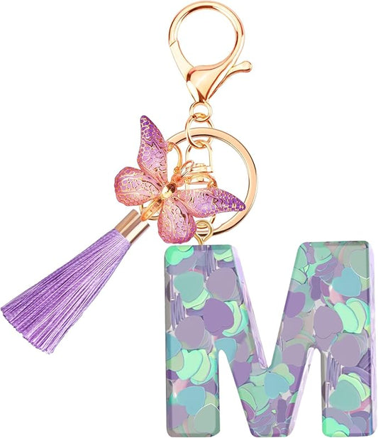 Suweibuke Colourful Cute Initial Letter Keychains for Women Girls with Tassel Butterfly, Charm for Purse Handbags Backpacks