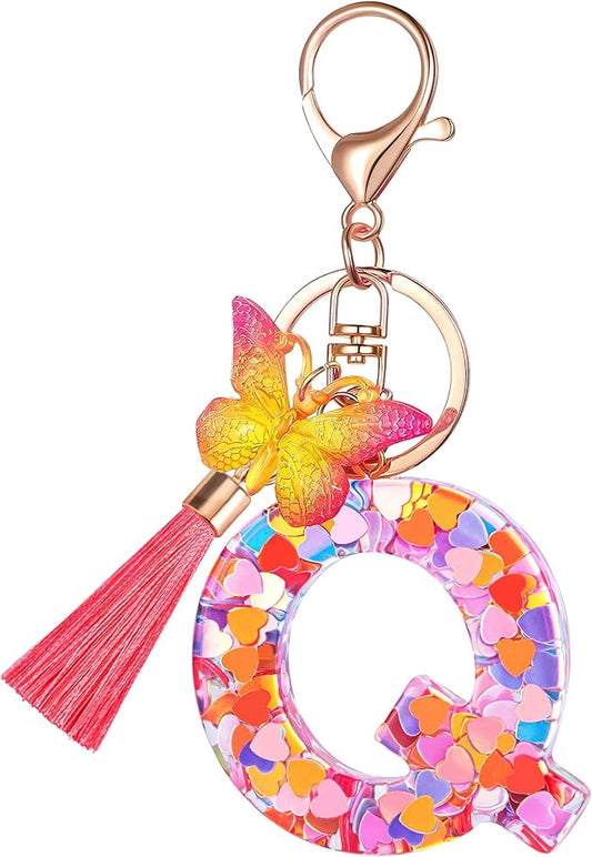 Suweibuke Colourful Cute Initial Letter Keychains for Women Girls with Tassel Butterfly, Charm for Purse Handbags Backpacks