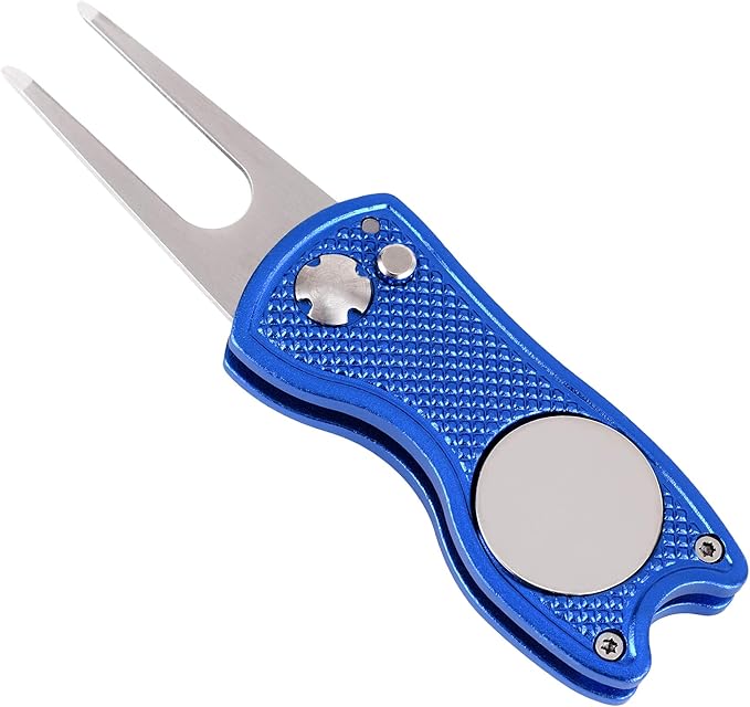 Mile High Life Microfiber Waffle Pattern Golf Towel | Club Groove Cleaner Brush | Foldable Divot Tool with Magnetic Ball Marker (Blue Towel/Brush/Fish Divot)