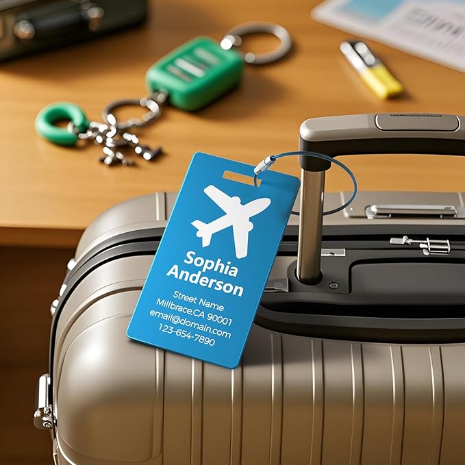 4 Personalized Metal Luggage Tags for Suitcase, Laser Engraved with Text and Logo, Custom Aluminum Name Tags with Stainless Steel Ring, for Travel, Golf Bag, and Baggage (Lake Blue)