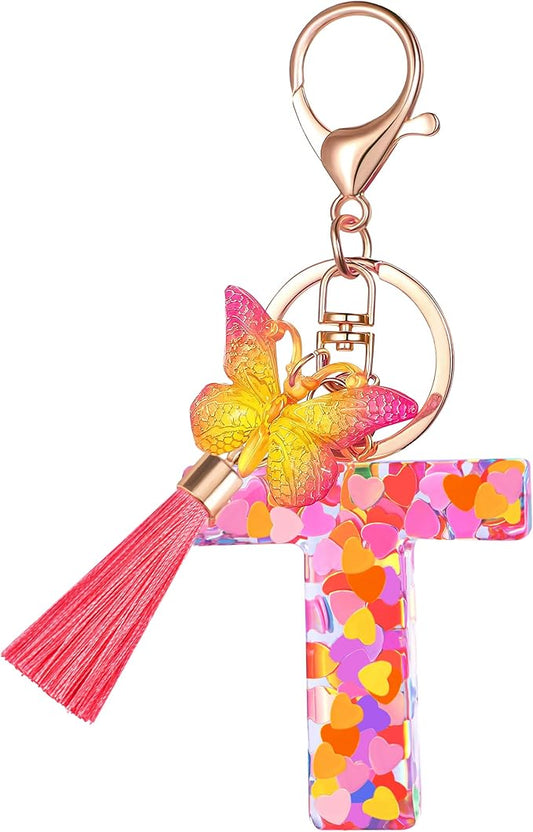 Suweibuke Colourful Cute Initial Letter Keychains for Women Girls with Tassel Butterfly, Charm for Purse Handbags Backpacks
