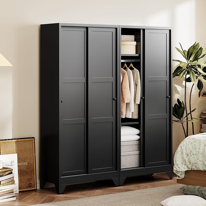 Letaya Metal Sliding Door Wardrobe Cabinets,68" Tall Armoire Wardrobe Closet with Sliding Doors and Shelves,Narrow Slim Coat Closet Cabinet with Hanging Rod,Space Saving for Home (Black)