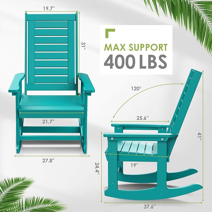 GREENVINES Oversized Outdoor Rocking Chairs Set of 2, HDPE Rocker, Aqua | 21.7" - Image 3