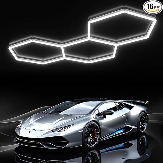 JTT Hexagon Garage Lights,16Pack 128W LED Garage Hexagon Lights,3 Grids 6500K Super Bright Car Detailing Ceiling LED Shop Light for Warehouse Workshop Gym Exhibition Hall Basement Car Care