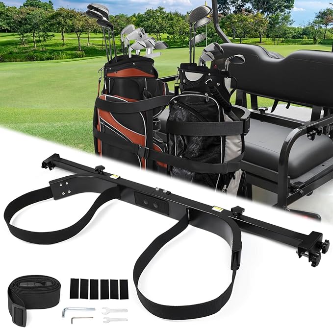 Golf Cart Rear Seat Bag Holder Bracket Attachment for Most 2+2 Golf Cart Rear Seat with 1 Inch Square Tube, No Drilling Golf Cart Bag Attachment for EZGO Club Car Yamaha Golf Carts, Metal / Stable
