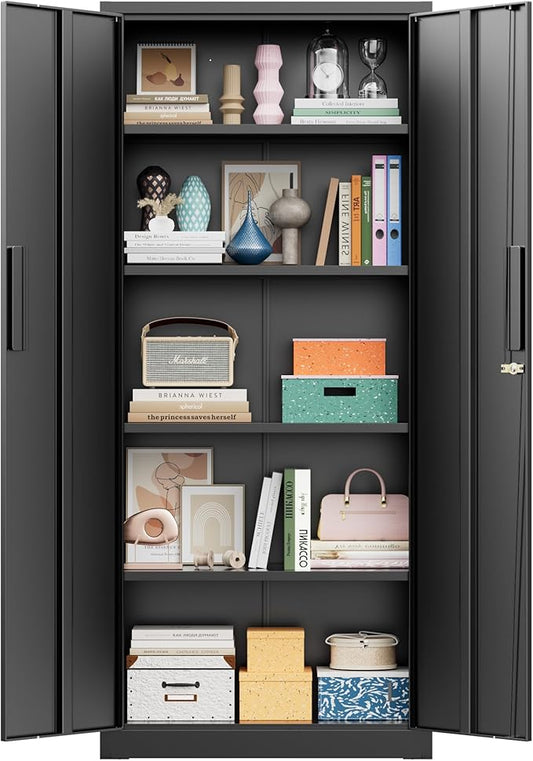 Greenvelly 63" H Metal Storage Cabinet Black, Locking Metal Cabinet, Store Tools, Clothes, Tableware and Toiletries, Garage Cabinets with Adjustable Shelves for Office, Home, Garage, Pantry