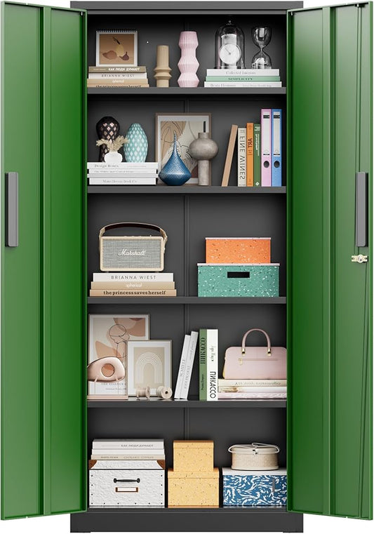 Greenvelly 63" H Metal Storage Cabinet Black Green, Locking Metal Cabinet, Store Tools, Clothes, Tableware and Toiletries, Garage Cabinets with Adjustable Shelves for Office, Home, Garage, Pantry