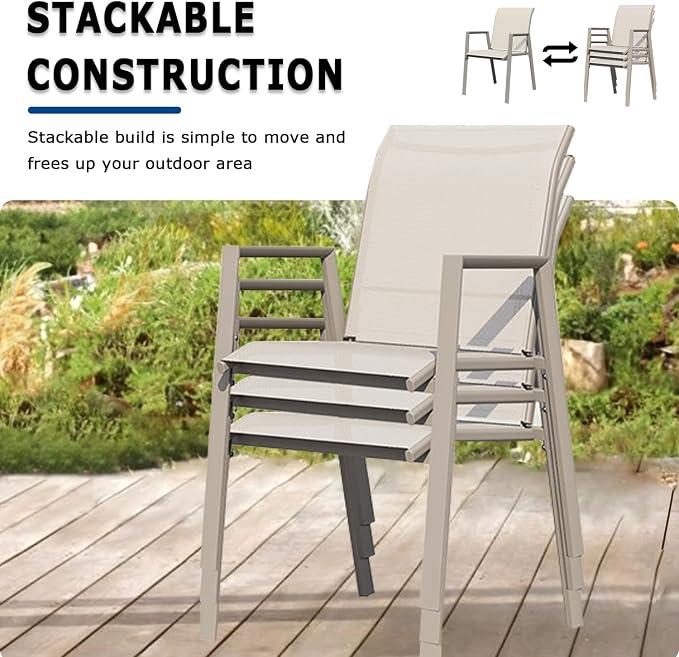 Outdoor Patio Chairs Set of 6, Ivory Beige Stackable Outdoor Chairs, - Image 2