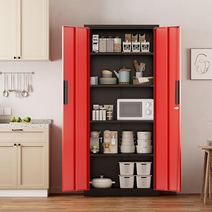 Greenvelly Metal Pantry Cabinet, 63”Tall Kitchen Pantry Storage Cabinets with 2 Lock Doors and 4 Adjustable Shelves for Home Office, Dinning Room,Garage(Black Red)