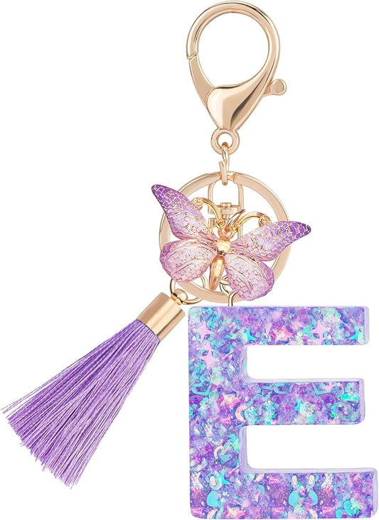Suweibuke Colourful Cute Initial Letter Keychains for Women Girls with Tassel Butterfly, Charm for Purse Handbags Backpacks